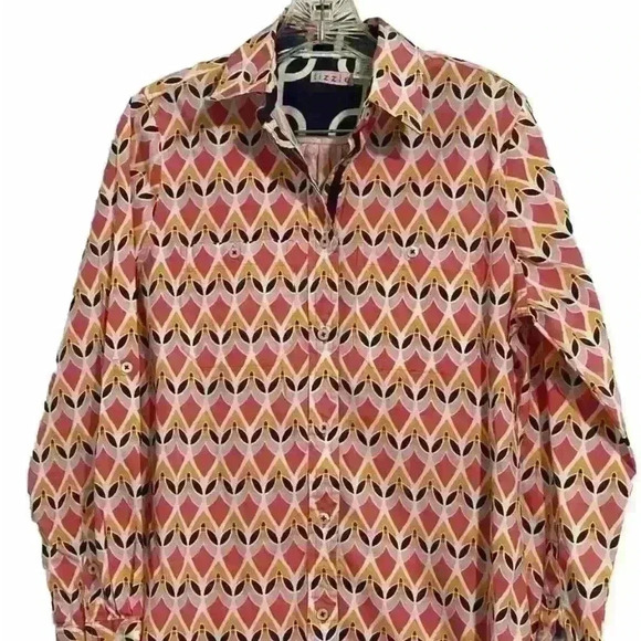 Tizzies Tunic Top Flip Cuff Pink Orange Blue White Side Pockets Size Medium - Picture 1 of 5